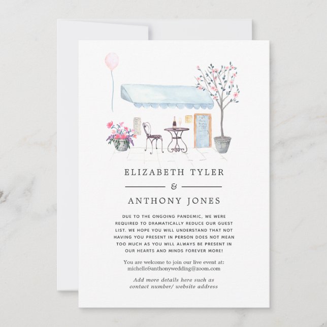 Vattenfärg Paris Kafé Minskad Bröllopsgästlista Meddelande (Framsida)