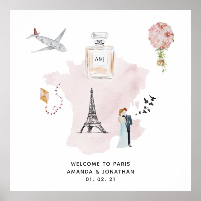 Vattenfärg Paris-tematisk välkomstmonogram för brö Poster (Framsidan)