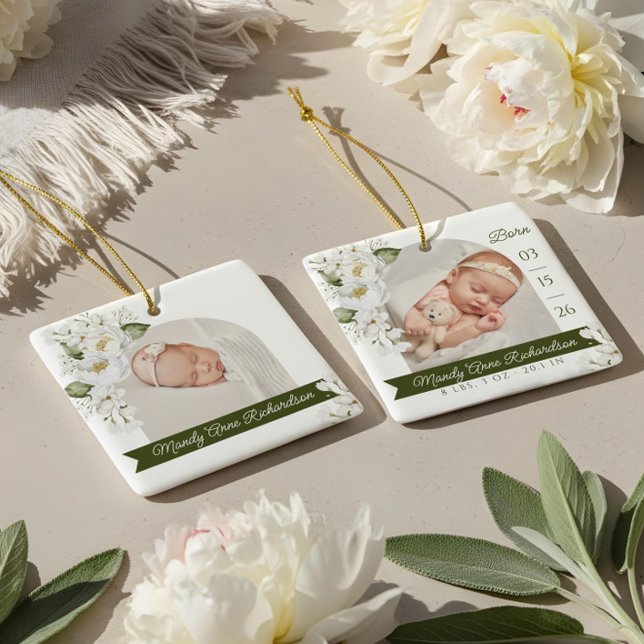 Vattenfärg Päron Blommig Bebis Födelse Statistik F Julgransprydnad Keramik (Watercolor Peony Floral Baby Birth Stats Photo Ceramic Ornament)
