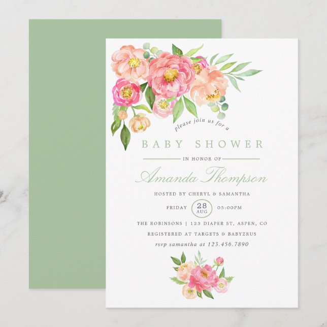 Vattenfärg Päronblommor Baby Shower inbjudan (Fram/baksida)
