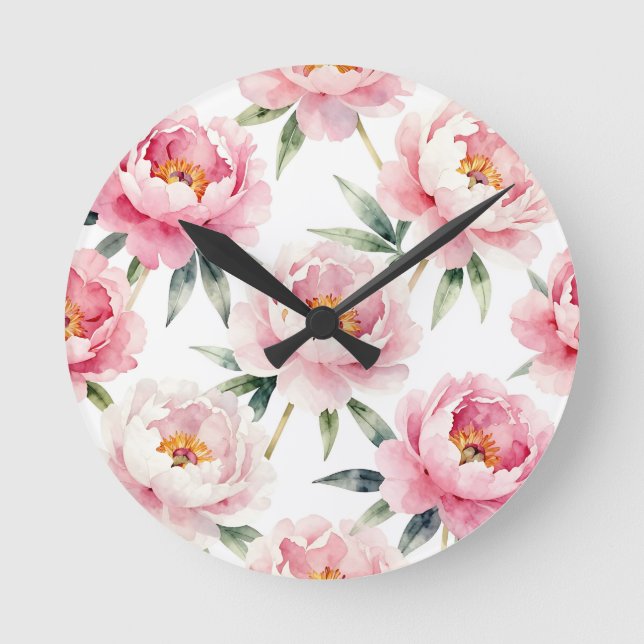Vattenfärg Päronros Blush Blommönster Rund Klocka (Framsida)