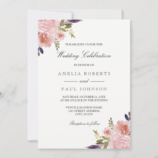 Vattenfärg Päronrosor Rosa Lila Bröllopsinbjudan Inbjudningar (Framsida)