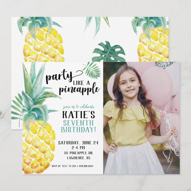 Vattenfärg Party som en ananas födelsedag Inbjudningar (Fram/baksida)
