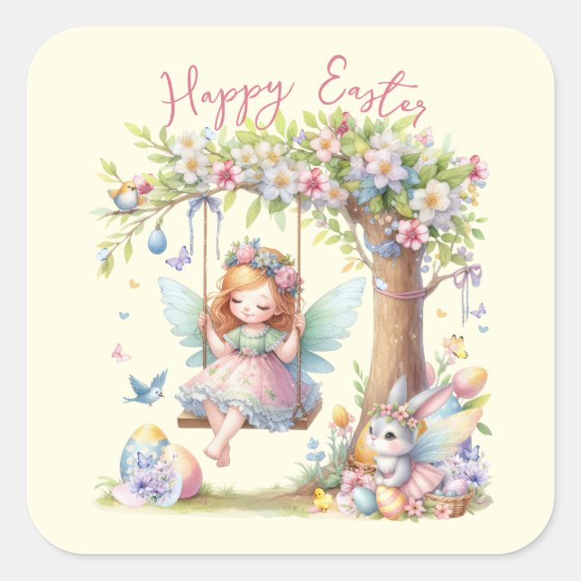 Vattenfärg Påsk Vår Fairy Fyrkantigt Klistermärke (Framsida)