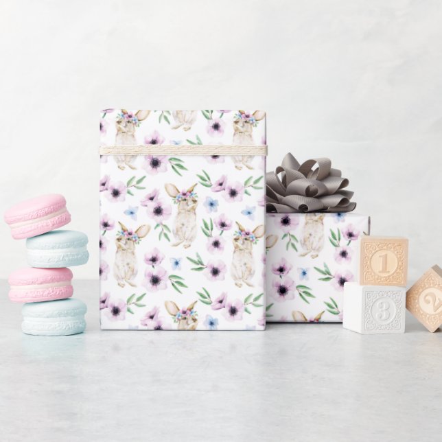 Vattenfärg Påskharen Blommönster Present Vit  Presentpapper (Baby Shower)