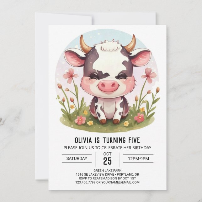 Vattenfärg Pastel Barnyard Cow Birthday Inbjudningar (Framsida)