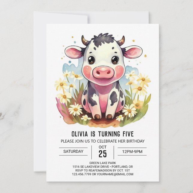 Vattenfärg Pastel Barnyard Cow Birthday Inbjudningar (Framsida)
