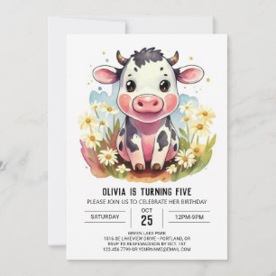 Vattenfärg Pastel Barnyard Cow Birthday Inbjudningar
