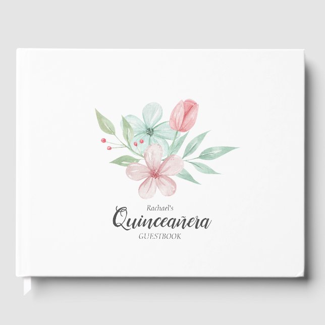 Vattenfärg Pastel Blommigt Quinceanera Birthday Gästböcker (Framsida)