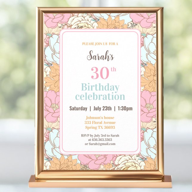 Vattenfärg Pastel Blommigt Rosa 30års födelsedag Inbjudningar (Watercolor Pastel Floral Pink 30th Birthday Invitation)