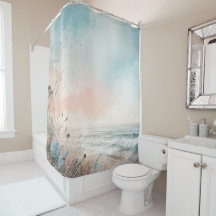 Vattenfärg Pastel Blue Rosa Beach Seaside