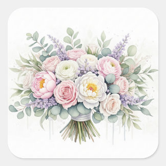 Vattenfärg Pastel Bröllop Bouquet Sticker Fyrkantigt Klistermärke