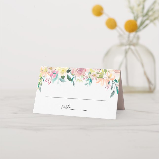 Vattenfärg Pastel Chic Vår Blommigt Bröllop Placeringskort (Framsida)