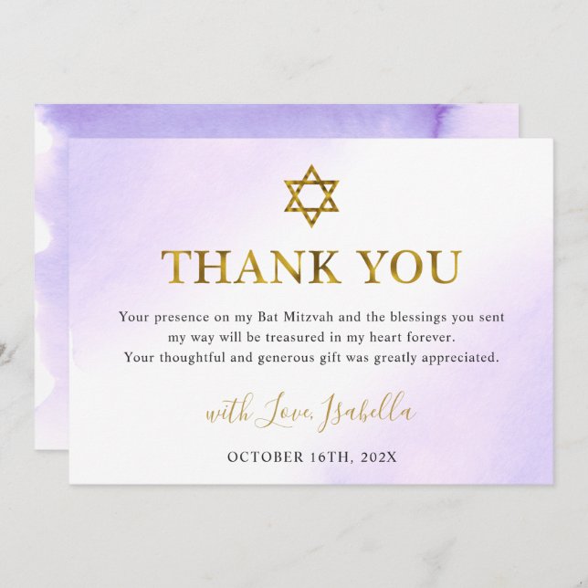 Vattenfärg Pastel Lila Guld Bat mitzvah Tack Kort (Fram/baksida)