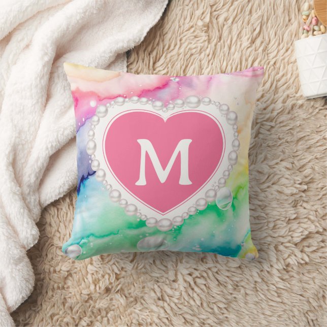 Vattenfärg Pastel Rainbow Pearl Heart Monogram Kudde (Filt)