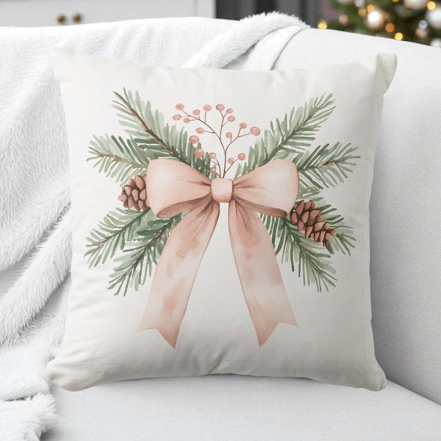 Vattenfärg Pastel Rosa Beige jul Bow Gräs Kudde (Watercolor Pastel Pink Beige Christmas Bow Pine Throw Pillow)