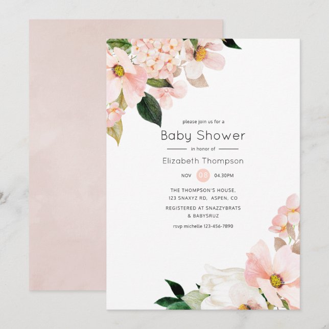 Vattenfärg Pastel  Rosa Blommigt Baby Shower Inbjudningar (Fram/baksida)
