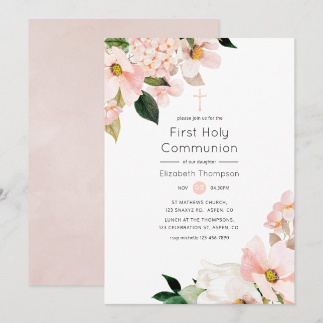 Vattenfärg Pastel  Rosa Blommigt Heliga Communion Inbjudningar (Fram/baksida)