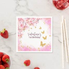 Vattenfärg Pastel Rosa Flowers Guld Butterflies Pappersservett