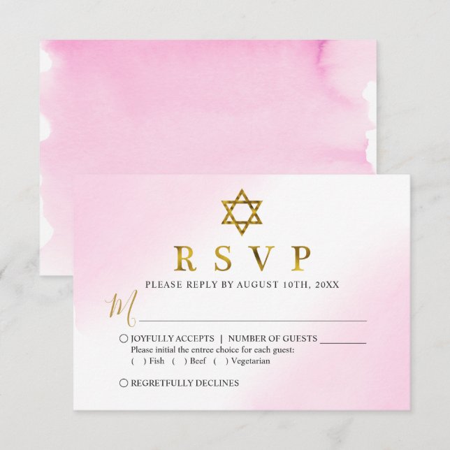 Vattenfärg Pastel Rosa Guld Bat mitzvah OSA kort (Fram/baksida)