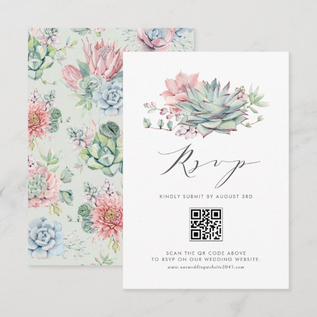 Vattenfärg Pastel Succulents Bouquet QR-kod OSA Kort (Fram/baksida)