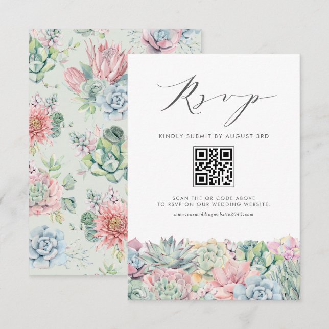 Vattenfärg Pastel Succulents Bröllop QR-kod OSA Kort (Fram/baksida)
