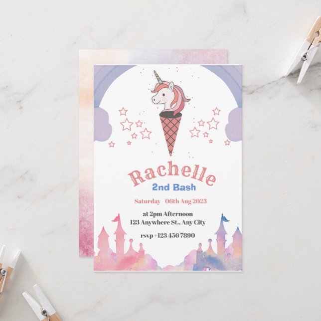 Vattenfärg Pastel Unicorn Boho Stil Birthday Inbjudningar (Fram/Back In Situ)