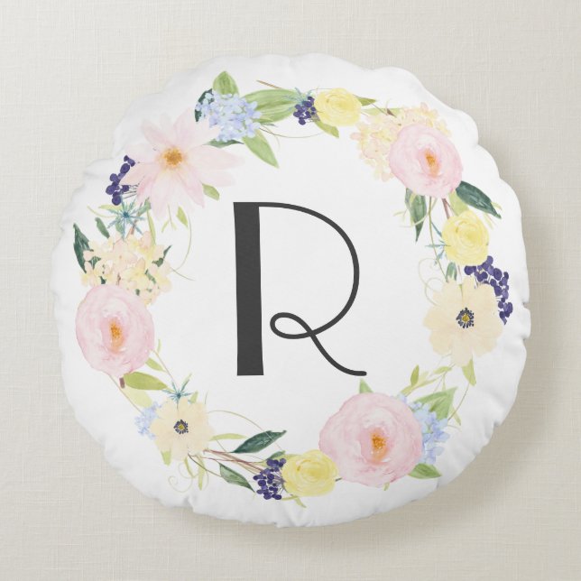 Vattenfärg Pastel Vår Blommigt Utandning Monogram Rund Kudde (Framsidan)