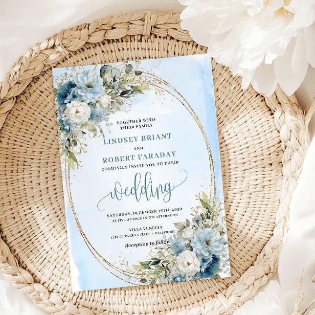 Vattenfärg Pastell Blå Blommor Guld Bröllopsinbjud Inbjudningar (Watercolor Pastel Blue Flowers Gold Wedding Invite)