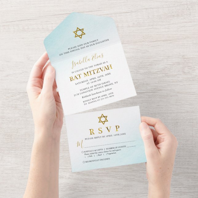 Vattenfärg Pastell Blå Guld Bat Mitzvah (Avrivbar del)