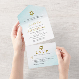 Vattenfärg Pastell Blå Guld Bat Mitzvah