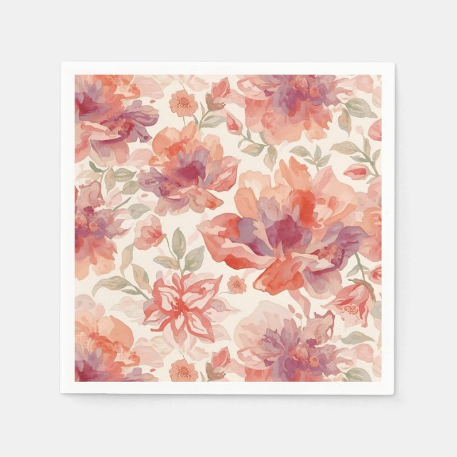 Vattenfärg Pastell Blommor Ljus Orange Pappersservett (Framsidan)