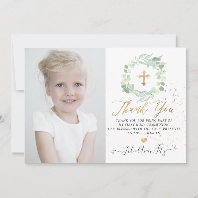 Vattenfärg Pastell Eukalyptus Kommunion Tack Inbjudningar (Framsida)