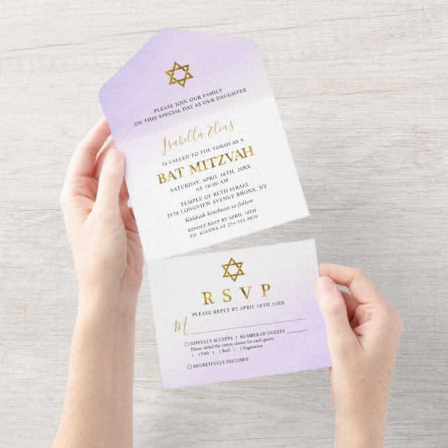 Vattenfärg Pastell Lila Guld Bat Mitzvah (Tearaway)