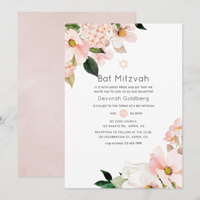 Vattenfärg Pastell Rosa Blommig Bat Mitzvah Inbjudningar (Fram/baksida)