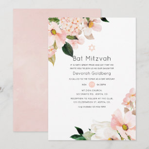 Vattenfärg Pastell Rosa Blommig Bat Mitzvah Inbjudningar