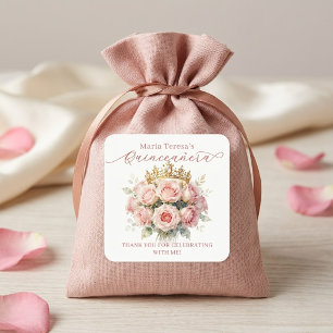 Vattenfärg Pastell Rosa Rosa Guld Tiara Quinceañer Fyrkantigt Klistermärke