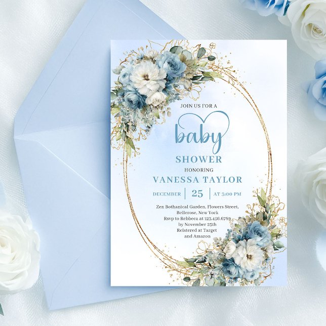 Vattenfärg Pastellblå Blommig Bebisdopp Inbjudan  (Watercolor Pastel Blue Floral Baby Shower Invite.......)