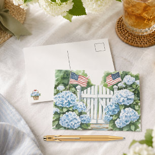 Vattenfärg Patriotisk Blå Hortensia Stugträdgård Helg Vykort
