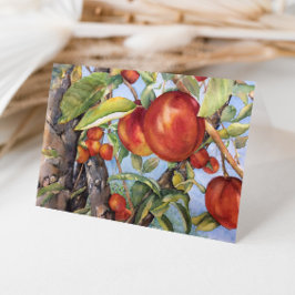 Vattenfärg Peach Träd Orchard Fruit Harvest Tack Kort