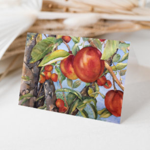 Vattenfärg Peach Träd Orchard Fruit Harvest Tack Kort