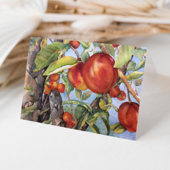 Vattenfärg Peach Träd Orchard Fruit Harvest Tack Kort (Skapare uppladdad)