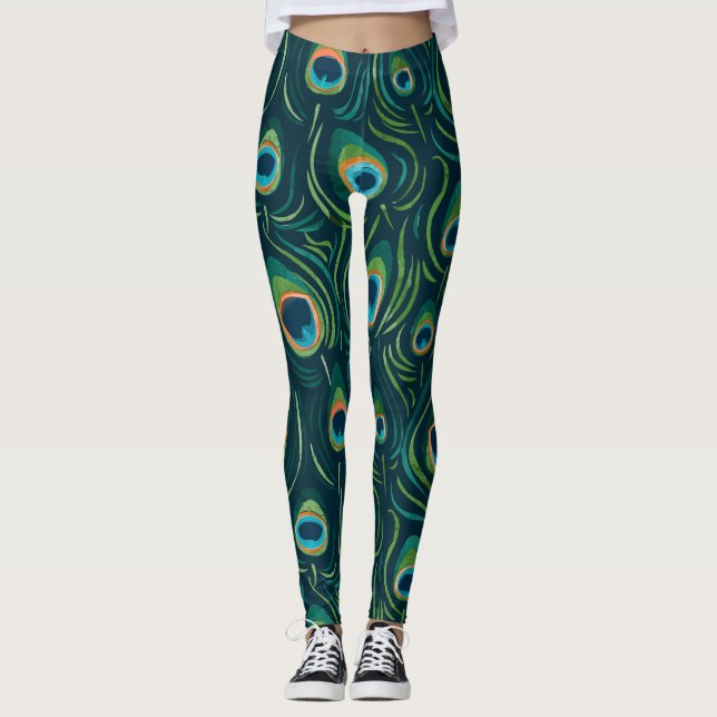 Vattenfärg Peacock Feather Mönster Leggings (Framsida)