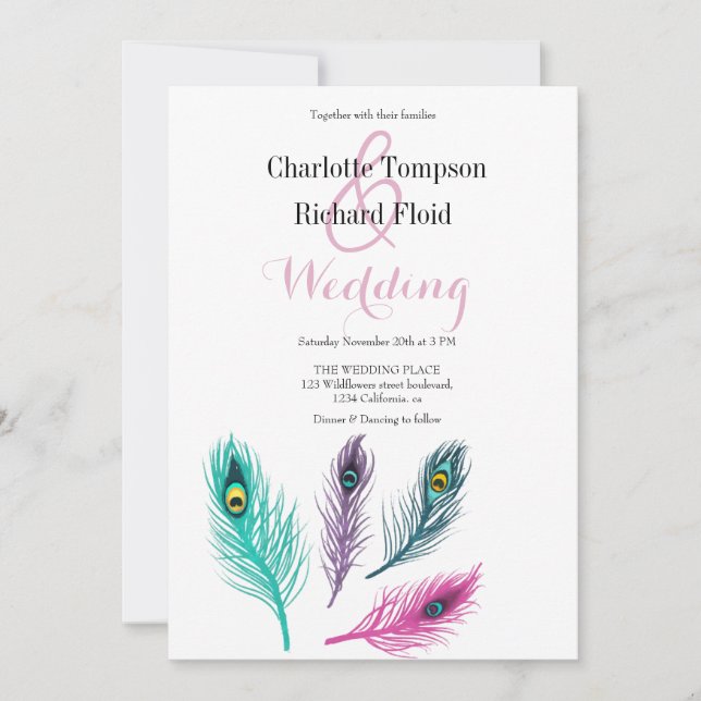Vattenfärg Peacock Feathers Bröllop Inbjudningar (Framsida)