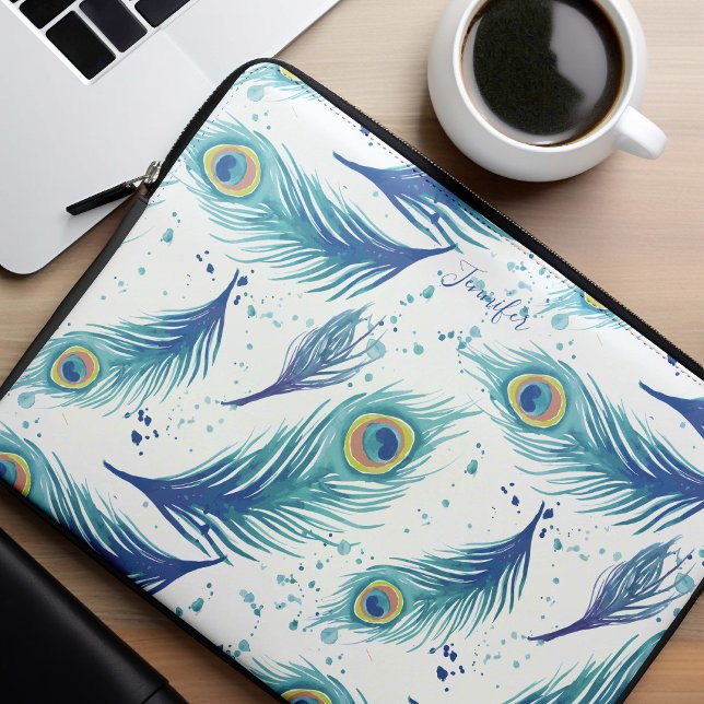 Vattenfärg Peacock Feathers Mönster Laptop Fodral (Skapare uppladdad)