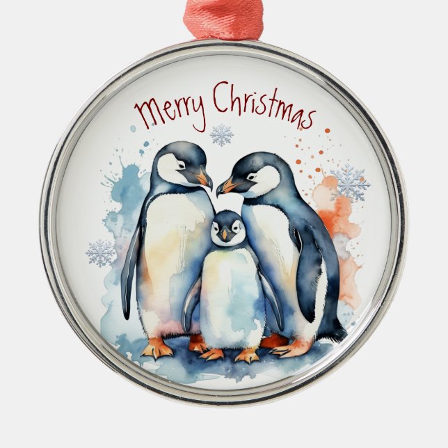 Vattenfärg Penguin Family Winter Animal Art Art Julgransprydnad Metall (Framsidan)