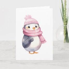 Vattenfärg Penguin i Rosa Scarf Kort