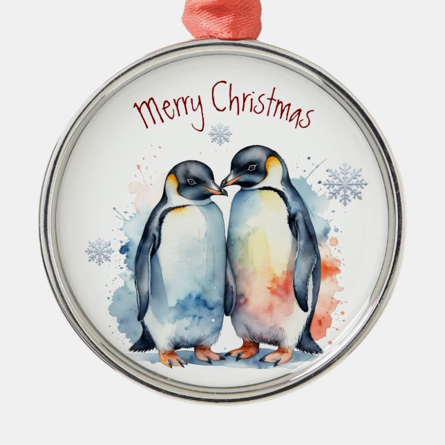 Vattenfärg Penguin par vinterkonst Julgransprydnad Metall (Framsidan)