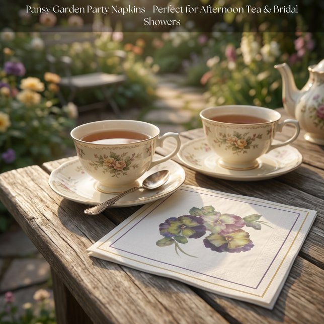 Vattenfärg Pensé Blommiga Servetter | Elfenben (Elegant pansy napkin styled for a charming garden tea with vintage china and floral grace.)