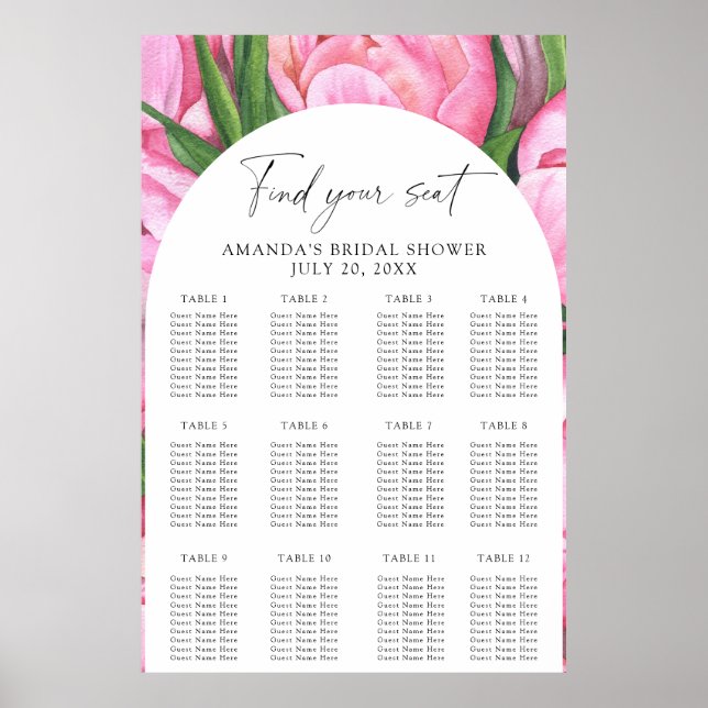Vattenfärg peonier blommor sittplan poster (Framsidan)